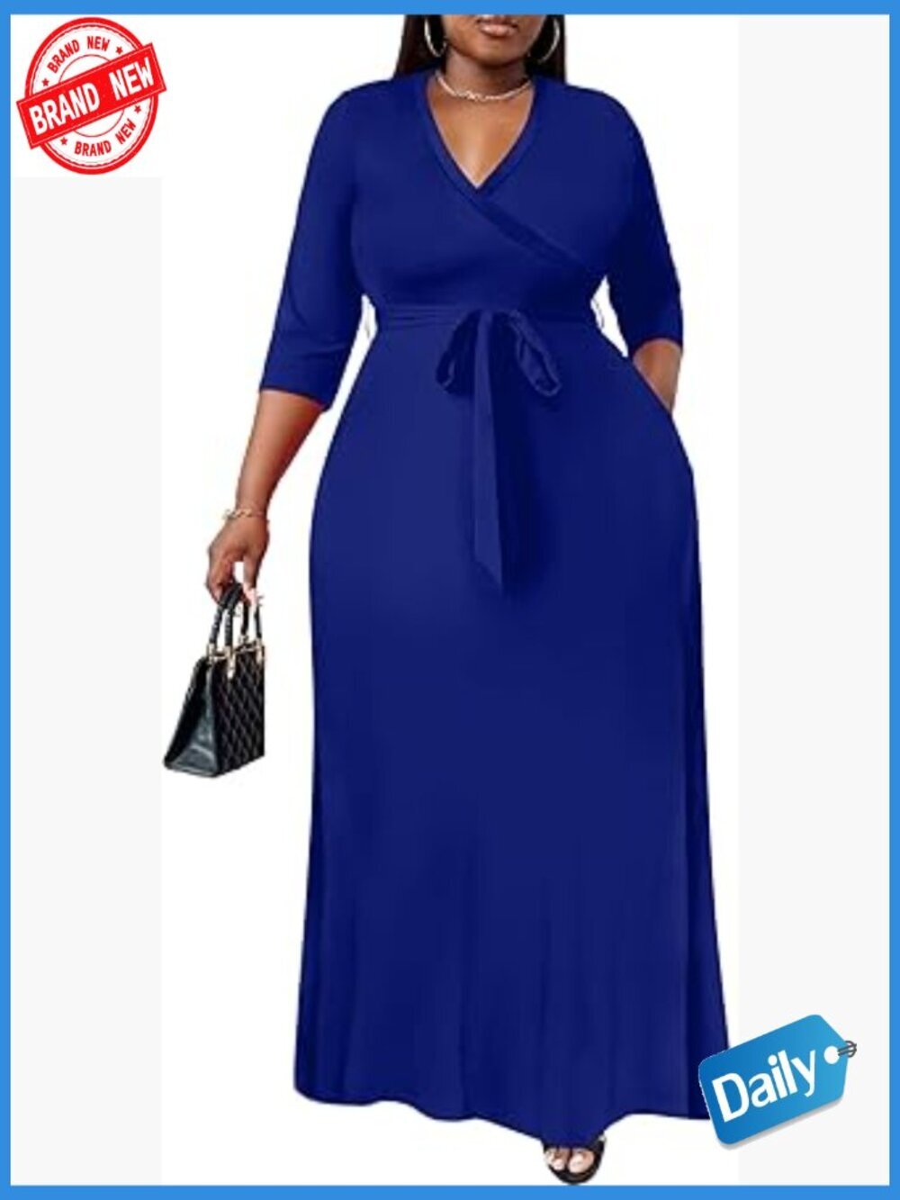Plus Size Maxi Dress with Belt 3/4 Sleeve Flowy Long Dress XL-6XL